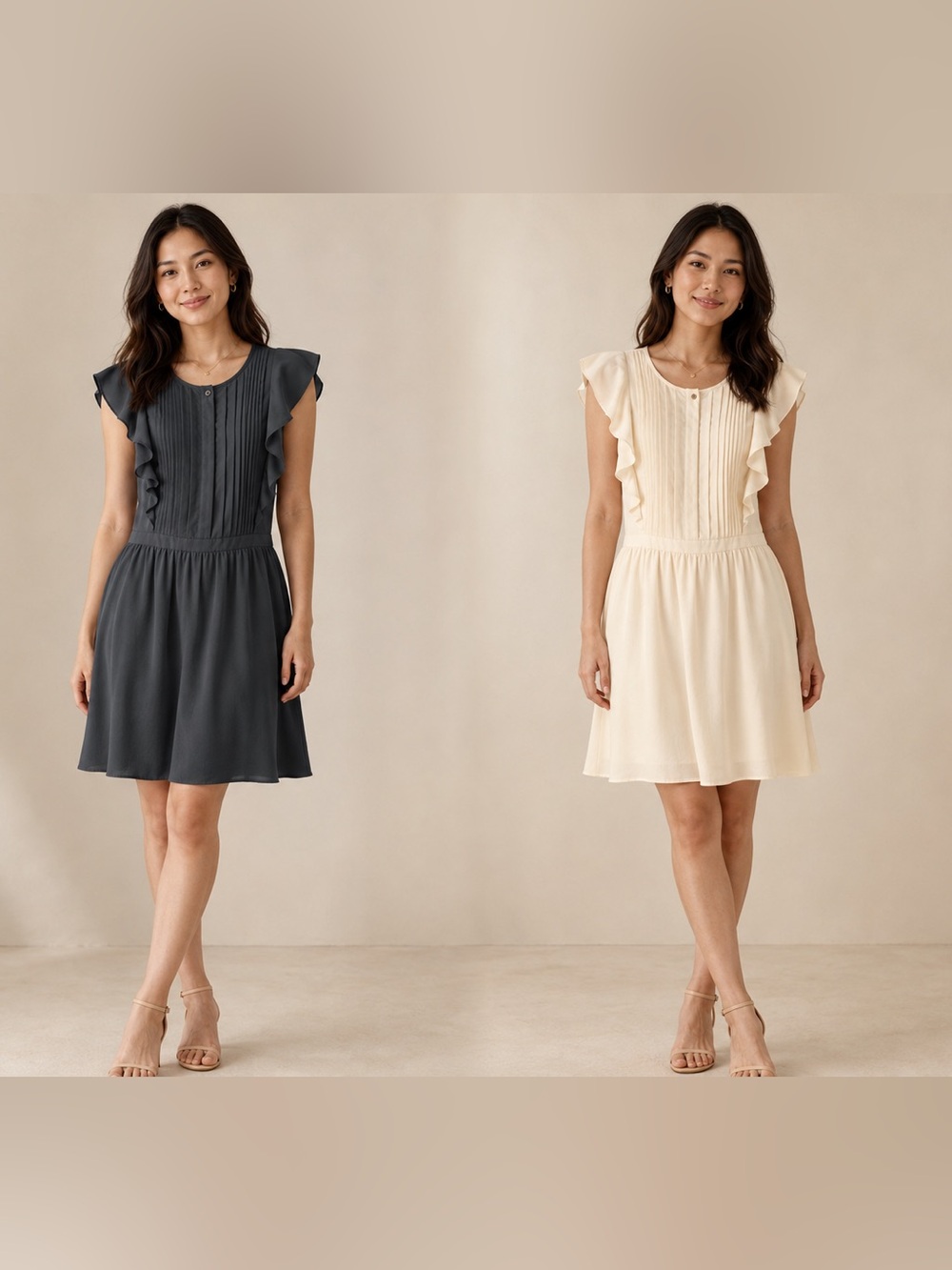 Banana Republic Cream grey Ruffle Pleated Mini Dress with pockets size 0/2